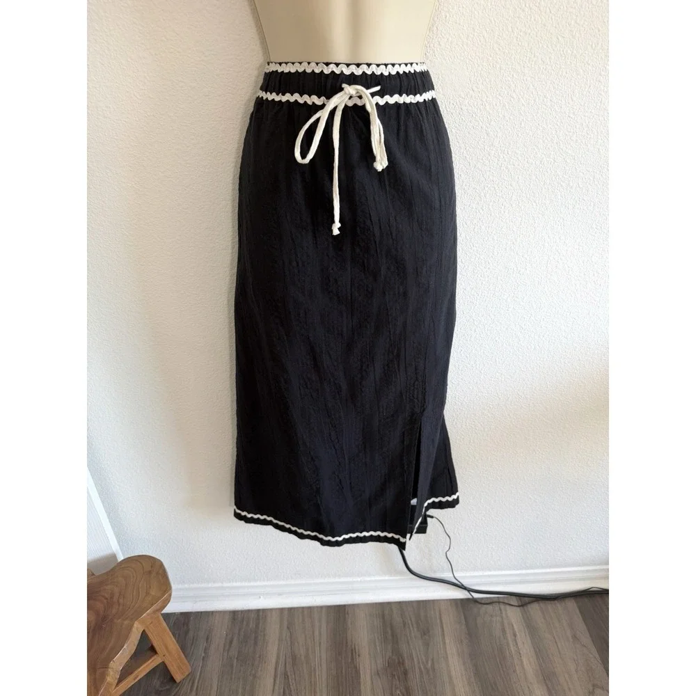 Free‎ People Penelope Midi Skirt Lg Black Contrasting Trim Pull On Travel Cotton